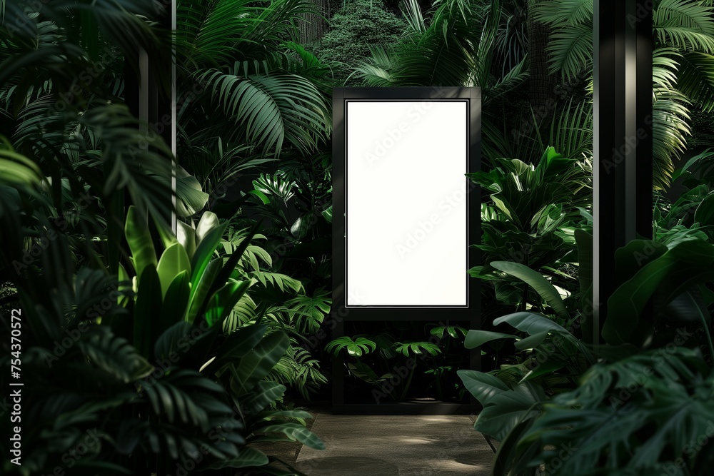 A botanical garden information kiosk mockup with a blank screen, among lush greenery.
