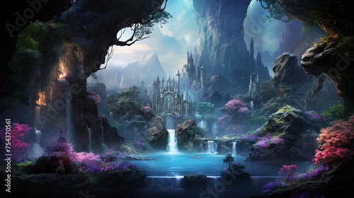 A mesmerizing scene blending elements of nature and fantasy, where a majestic waterfall cascades down from a floating island suspended in the sky