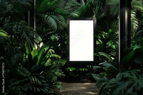 Obraz na płótnie A botanical garden information kiosk mockup with a blank screen, among lush greenery. w salonie