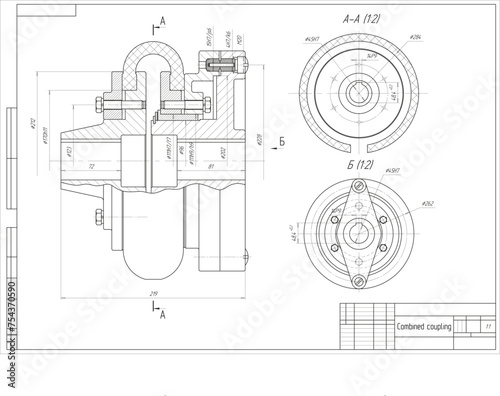 Assembly drawing of combined coupling.
Vector cad scheme of steel mechanical device with shaft, gear, 
 bolted connection, dimension lines.
Engineering background. Technical template. 
Cross section.