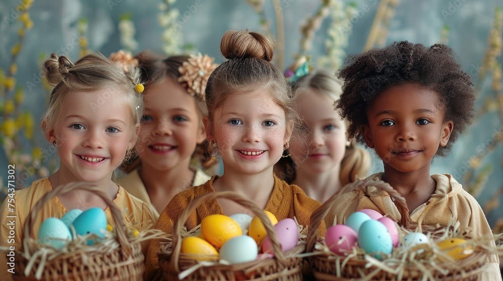 A group of children from different ethnicities, dressed in their Easter best, holding baskets overflowing with colorful eggs and smiling brightly A group of children from different ethnicities, dressed in their Easter best, holding baskets overflowing with colorful eggs and smiling brightly