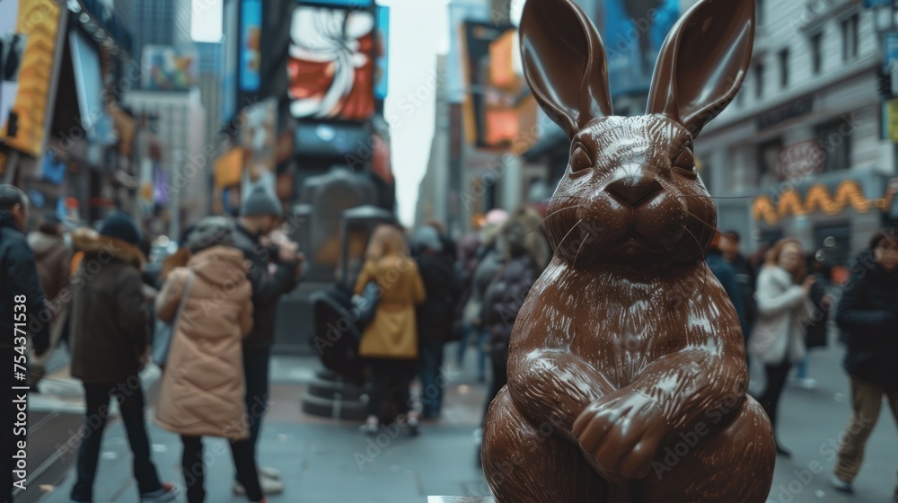 Chocolate bunny in a crowded city square