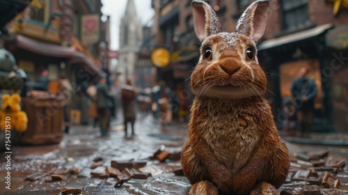Chocolate bunny in a bustling city square