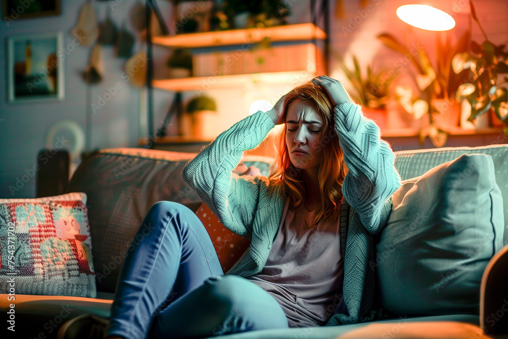 Obraz premium A woman is seated on a couch, her head resting in her hands. She appears deep in thought or contemplation, with a somber expression on her face.