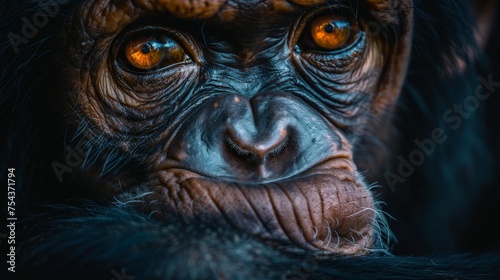 A compelling close-up of a chimpanzee's face, its striking orange eyes standing out against the rich blue tones of its fur and skin. © Sodapeaw
