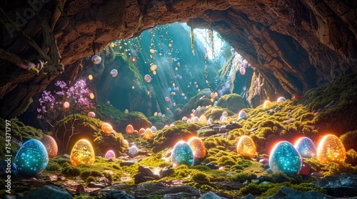 A mystical scene of a hidden cave filled with glowing Easter eggs of various sizes and colors, guarded by a mythical creature with sparkling eyes