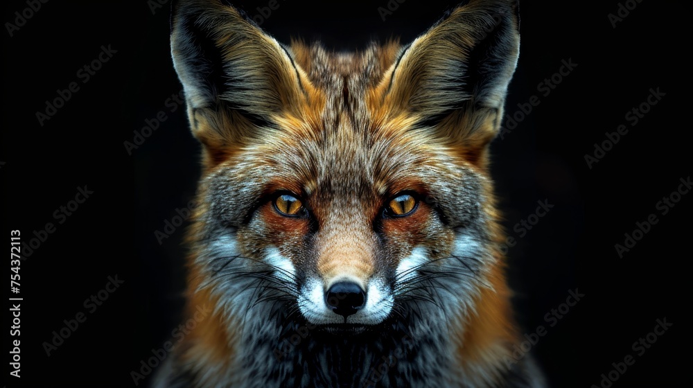 A captivating close-up of a red fox's face, with its piercing amber eyes focused and alert, set against a dark, shadowy background. A captivating close-up of a red fox's face, with its piercing amber eyes focused and alert, set against a dark, shadowy background.