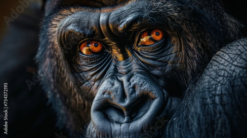A close-up of a Western Lowland Gorilla with striking orange eyes, showcasing the depth and emotion of this endangered species. © Sodapeaw