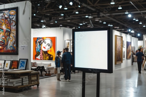 An art fair digital artist profile display mockup with a blank screen, among contemporary artwork.