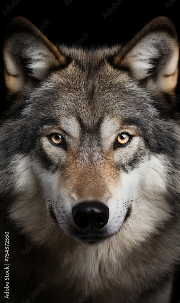 face of a serious wolf on a white background photo сreated with Generative Ai