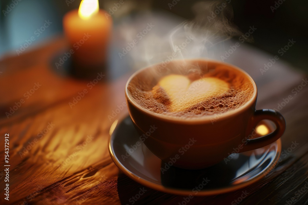 A cup of steaming hot coffee with a heart-shaped foam art on top. A cup of steaming hot coffee with a heart-shaped foam art on top.