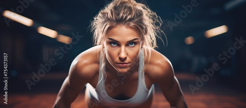 A beautiful young sportswoman is seen doing push ups in a gym. She is focused and determined  engaging her core muscles and building strength in her upper body.