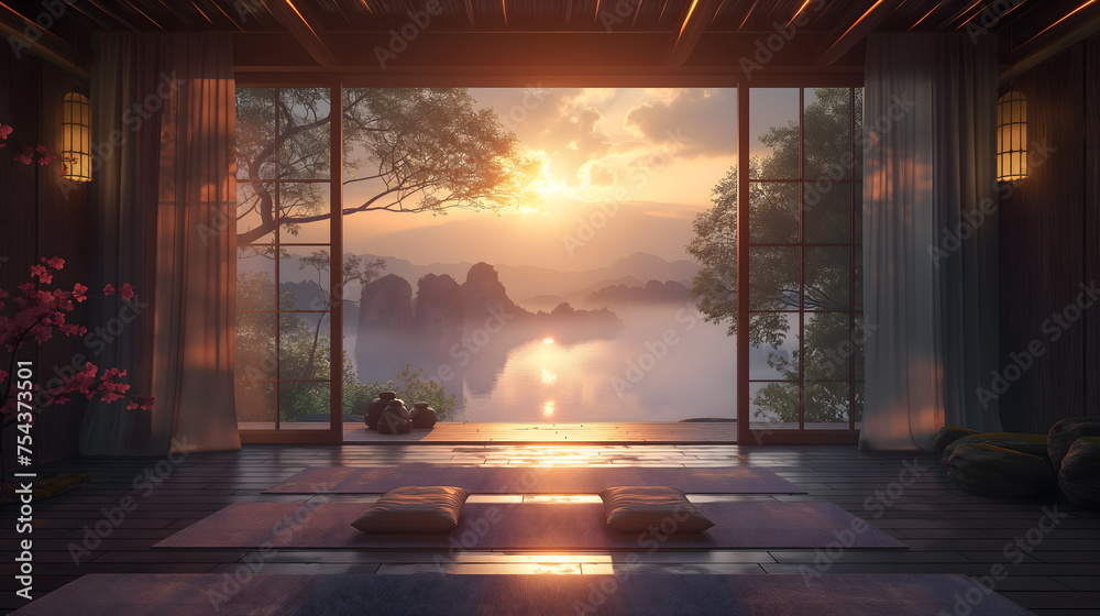 Serene Lakeside View from a Tranquil Room at Sunrise