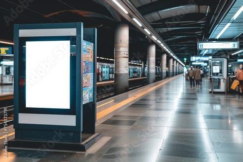 A public transport ticket machine mockup with a blank screen, at a train station.