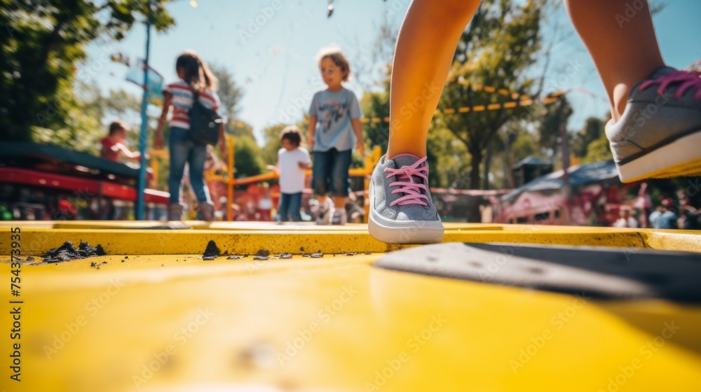 Playtime Joy: Kids' Shoes in Motion on Playground. Generative ai - obrazy, fototapety, plakaty 