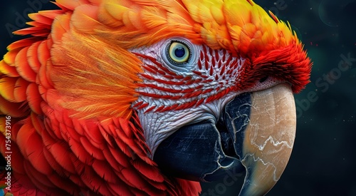 Close-up image of a Scarlet Macaw's head, highlighting its bright red plumage and detailed facial texture. photo