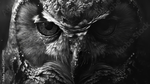 A black and white image capturing the intense and focused stare of an owl, with exquisite feather detail.