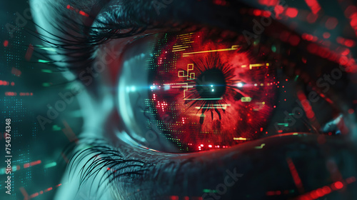 Cybernetic Vision: Red-Hued Digital Eye Close-Up