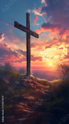 Serene Sunset at a Cross amidst Blossoming Wildflowers