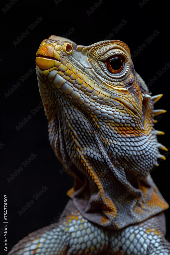 Fototapeta premium Close-Up Portrait of a Captivating Iguana Against a Dark Background