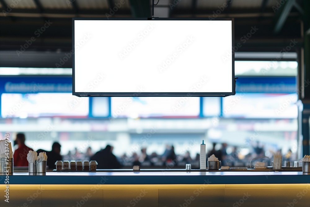 A stadium concession stand menu board mockup with a blank screen, at a sports event.
