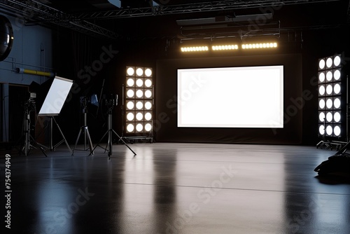 A movie studio set lighting control screen mockup with a blank display  in a production area.