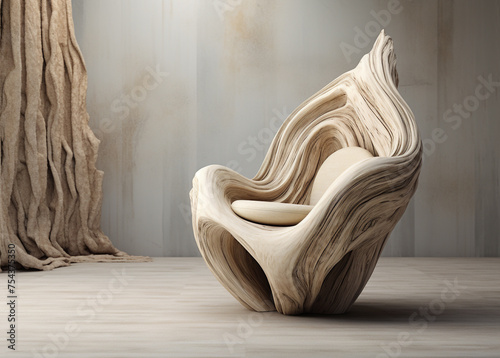 a contemporary chair with a root stump, in the style of textured backgrounds, light beige сreated with Generative Ai