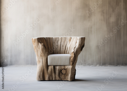 a contemporary chair with a root stump, in the style of textured backgrounds, light beige сreated with Generative Ai