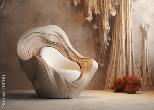 a contemporary chair with a root stump, in the style of textured backgrounds, light beige сreated with Generative Ai