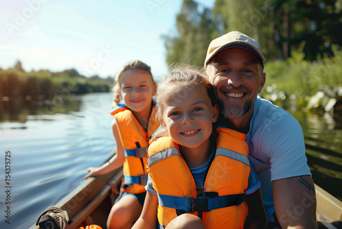 happy father and daughters on boat wearing orange life jackets