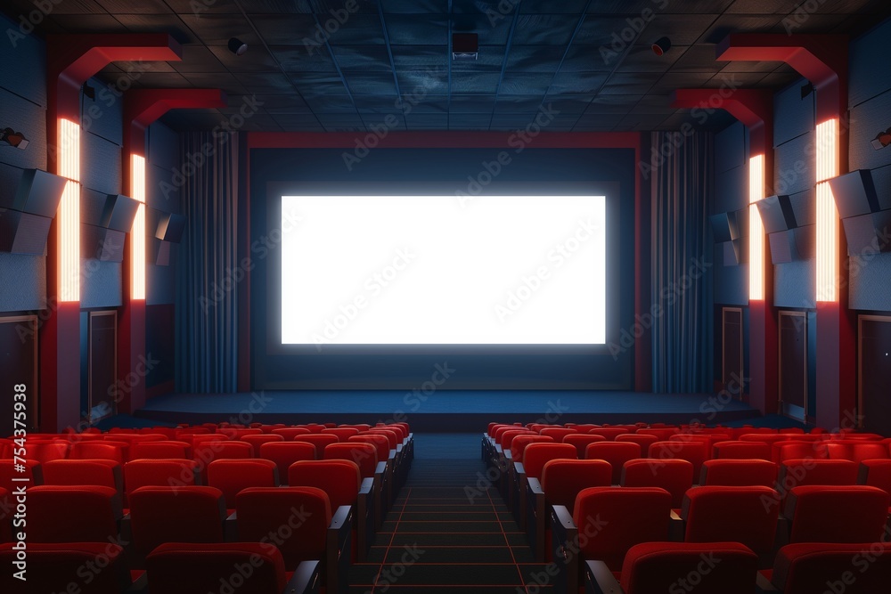 A cinema movie poster display mockup with a blank screen, in a theater lobby.