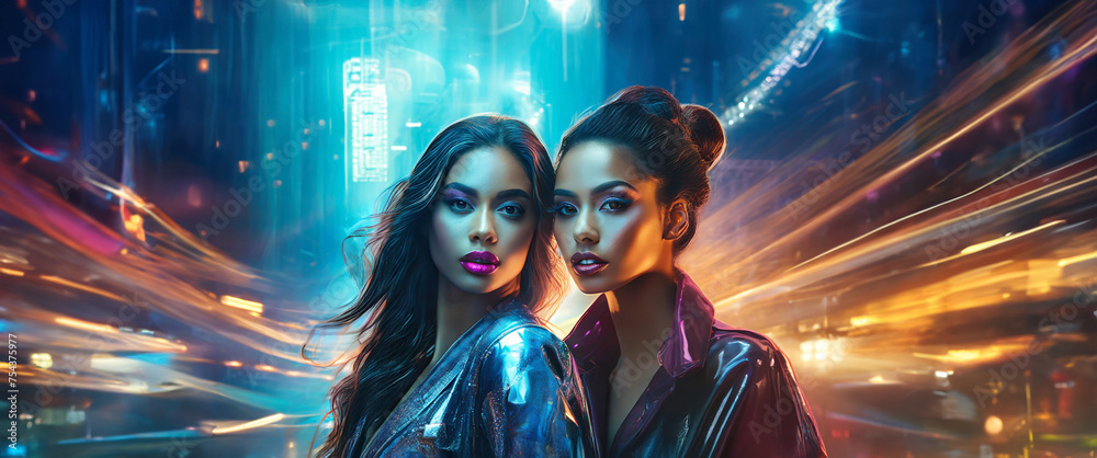 Dual Female Portraits in Cyberpunk Setting Dual Female Portraits in Cyberpunk Setting