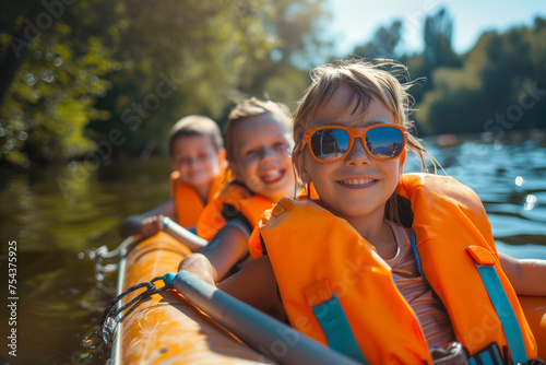 happy kids on boat wearing orange life jackets, close up on blond daughter smiling