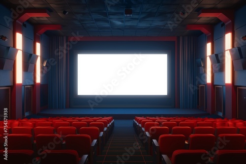 A cinema movie poster display mockup with a blank screen, in a theater lobby.