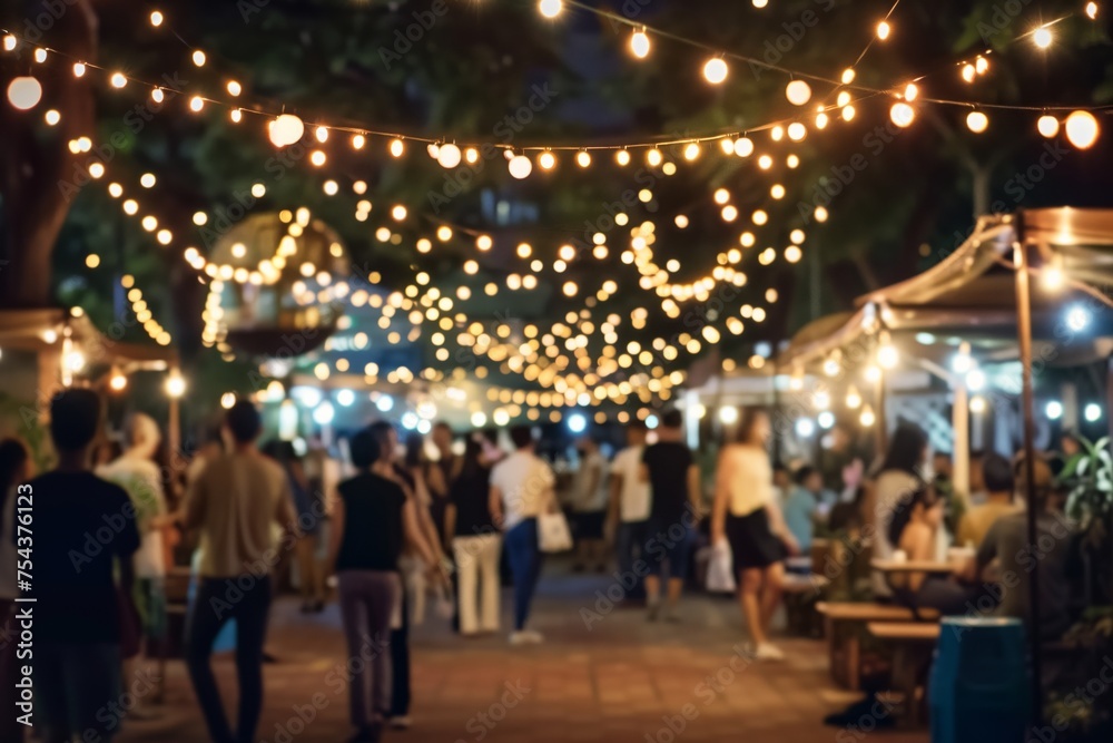 People standing next to lots of lights at an outdoor market or in a park, in the style of blurred or defocused background filled with many colorful lights, romantic, atmosphere,  minimalist stage.