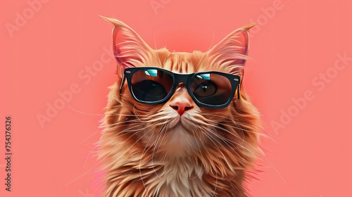 Realistic drawing of a cool cat wearing sunglasses. Solid color background, art print, various colors.