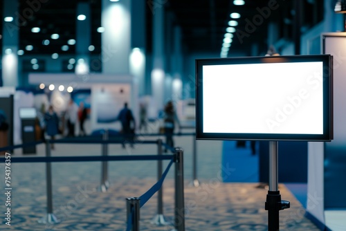 A trade show display monitor mockup with a blank screen, in an exhibition hall.
