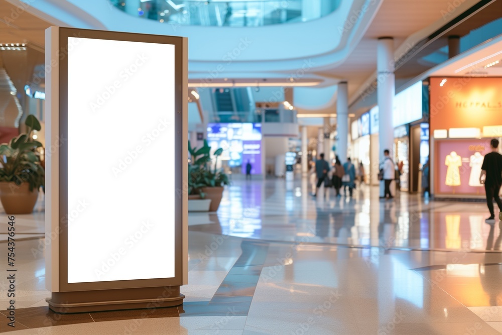 A digital kiosk mockup with a blank touchscreen, in a shopping mall.