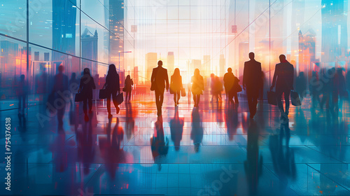 Pedestrians are Dressed Smartly. Successful People Walking in Downtown. Three businesswomen walking on the sidewalk business people crowd walking commuting in the city, lights and motion blur abstract
