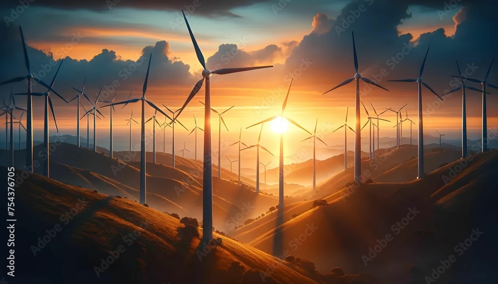 Clean energy wind turbines sunrise