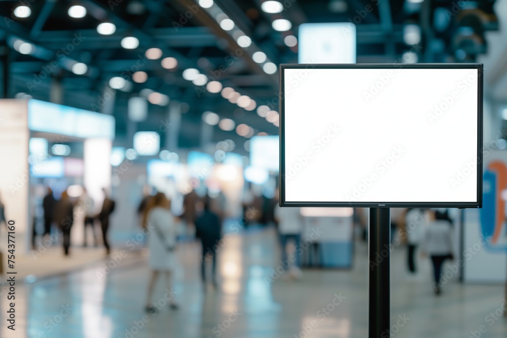 A trade show display monitor mockup with a blank screen, in an exhibition hall.