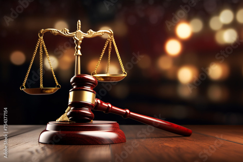 a judge's gavel on the wooden table with scales on top, in the style of bokeh panorama сreated with Generative Ai