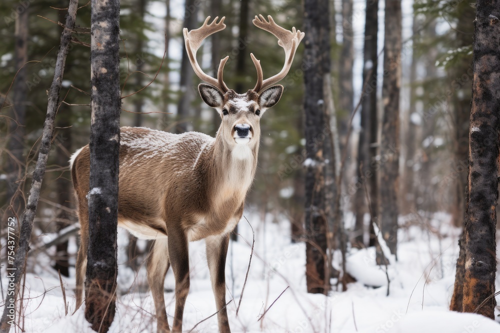 Portrait of a deer in the winter forest. Wildlife scene.