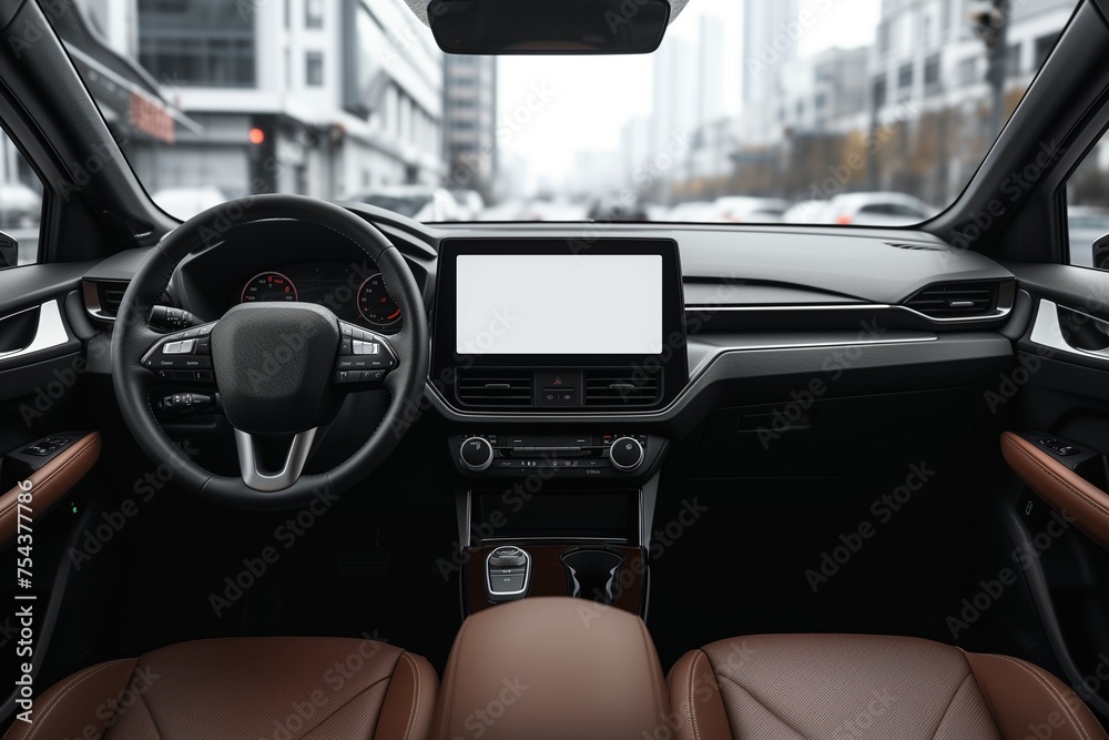 A car dashboard screen mockup with a blank display, set inside a modern vehicle interior.
