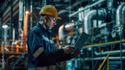 Professional heavy industry engineer in hardhat  worker are wearing safety uniform and using tablet computer