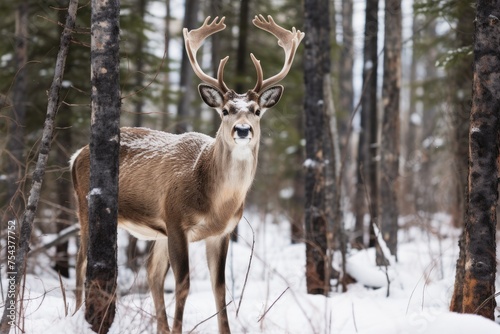 Portrait of a deer in the winter forest. Wildlife scene.