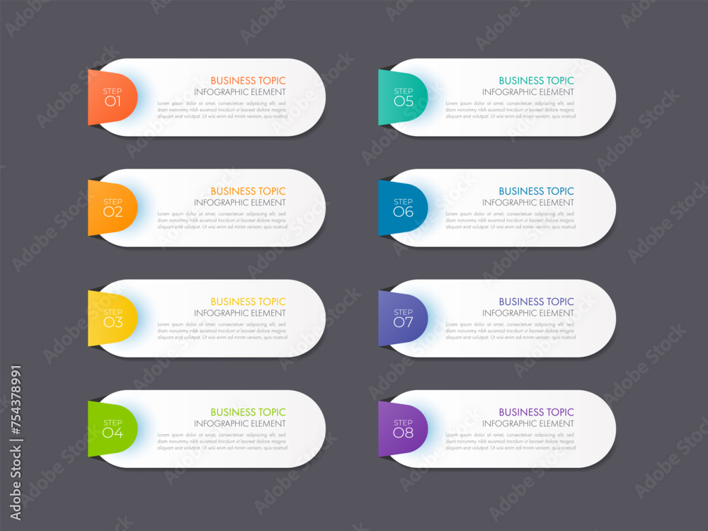 Modern infographics business design with 8 option concepts, parts, steps or processes can be used for workflow layout, diagram, number options, web design. infographic element. Modern infographics business design with 8 option concepts, parts, steps or processes can be used for workflow layout, diagram, number options, web design. infographic element.