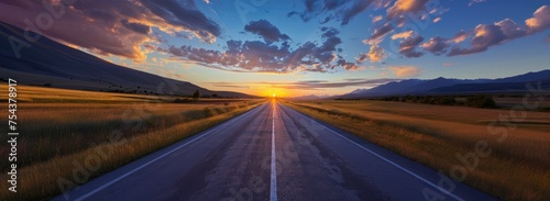Road stretches towards breathtaking sunset, Straight asphalt road, golden sky above, fluffy clouds, silhouetted mountains evoke tranquil, scenic journey ahead.