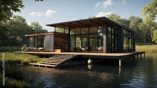 Modern shipping container house home, tiny house near lake in sunny day. 