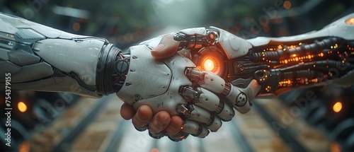 Artificial intelligence, machine learning, and the fourth industrial revolution are visible in the handshake between a businessperson and a digital partner.